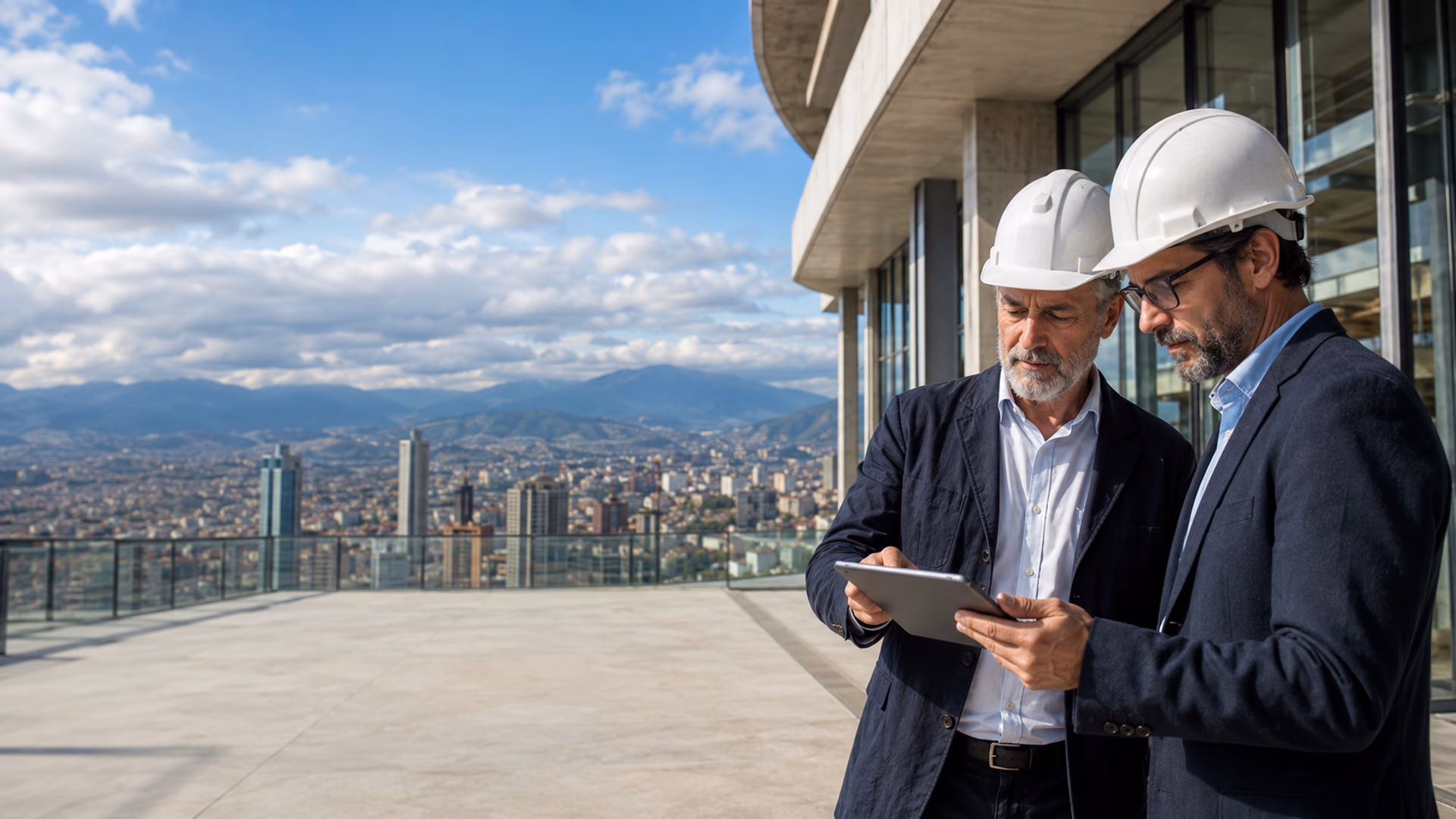 Profesionales de construcción revisando un proyecto moderno en Bogotá.