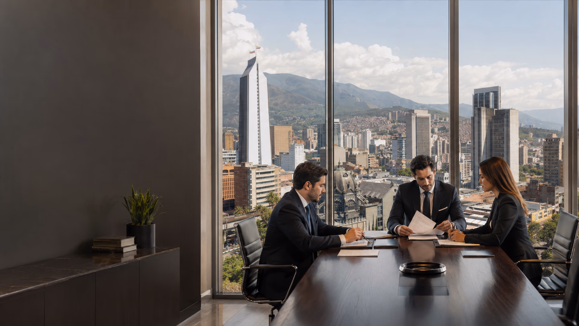 Legal executive meeting with view of downtown Medellin and the Coltejer building.