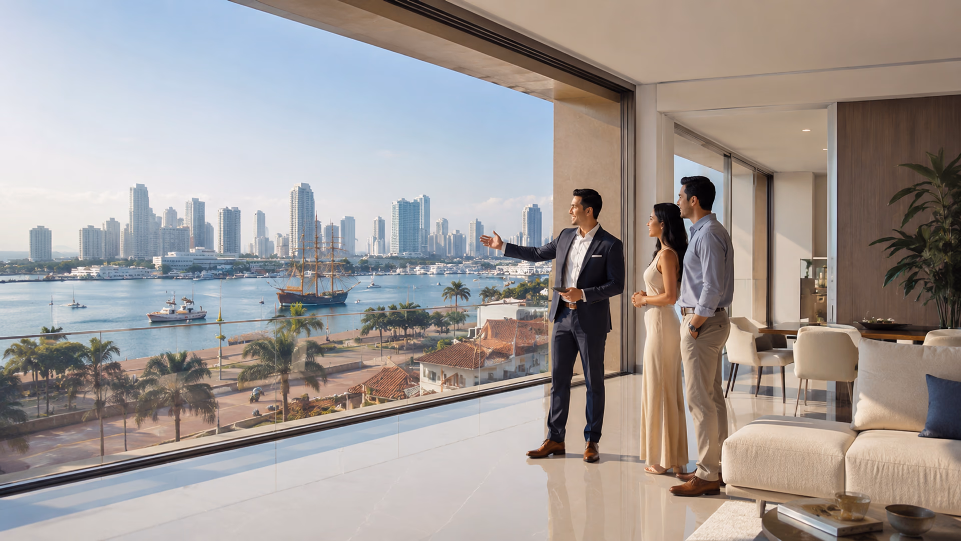 Luxury apartment in Cartagena with ocean view and real estate agent.